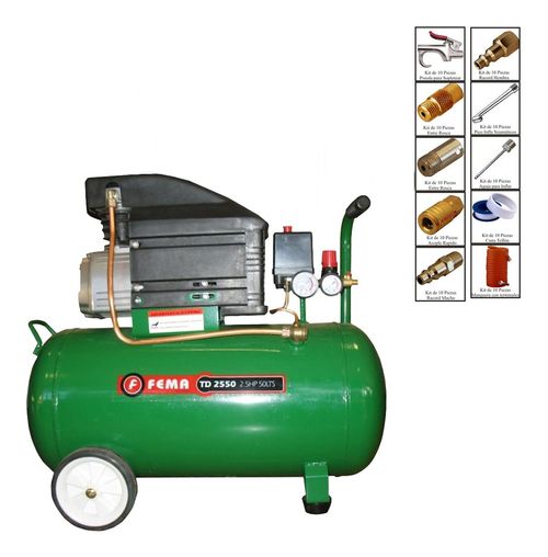 COMPRESOR FEMA (69370208-10) 2.5 HP 50 L. + KIT 10 Pzs.
